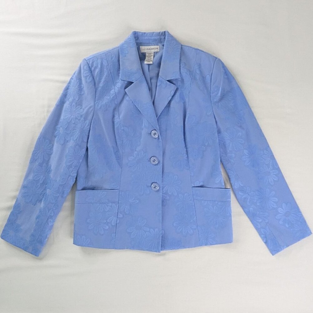 VTG Blue Periwinkle Floral Daisy Embossed Button Front Collared Blazer